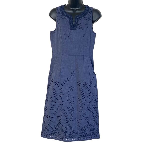 Maine New England Navy Blue Sleeveless Eyelet Lace Crochet Trim Midi Dress Sz 10 - Picture 14 of 14